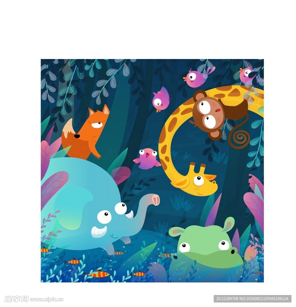 梦幻动物聚会插画
