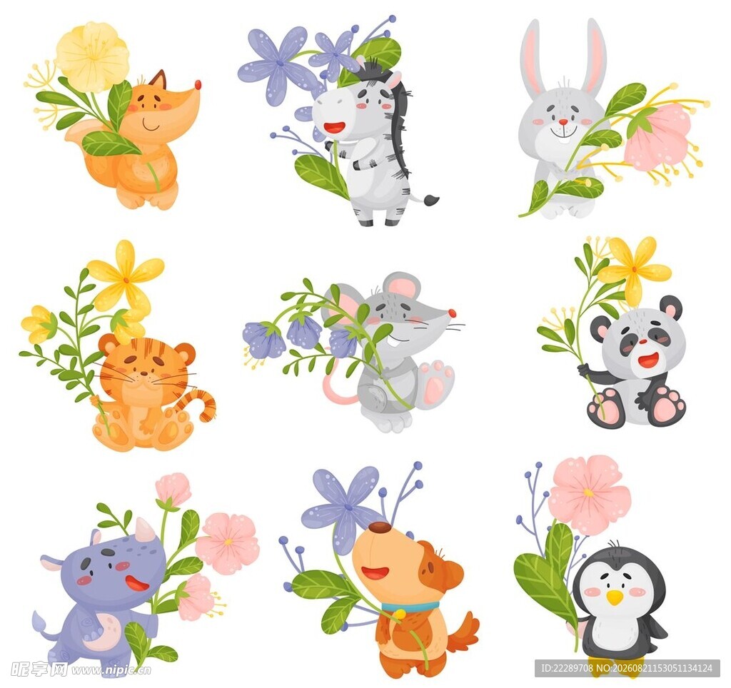 可爱动物与花卉插画集合