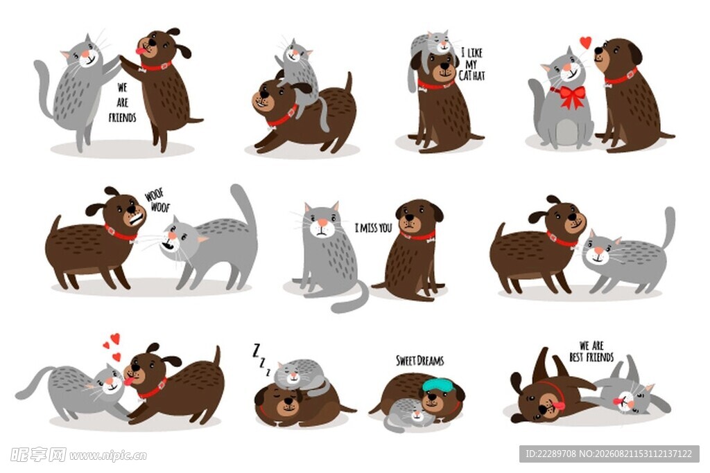可爱猫狗互动插画集合