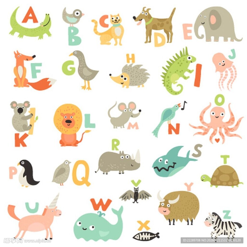 可爱动物字母插画集合