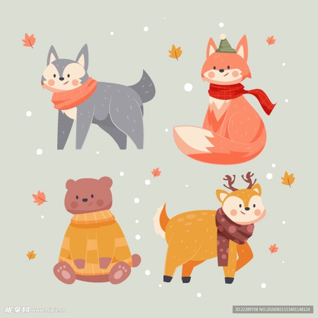 冬日可爱动物集合插画