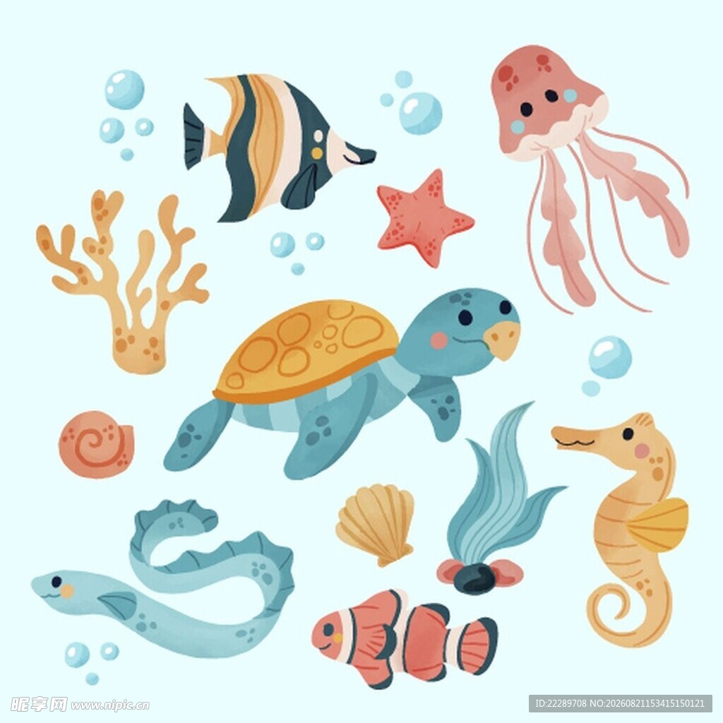 海洋生物可爱插画元素