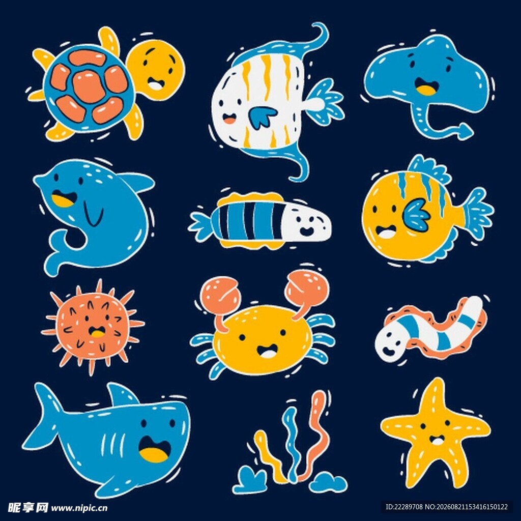 海洋动物卡通图案集合