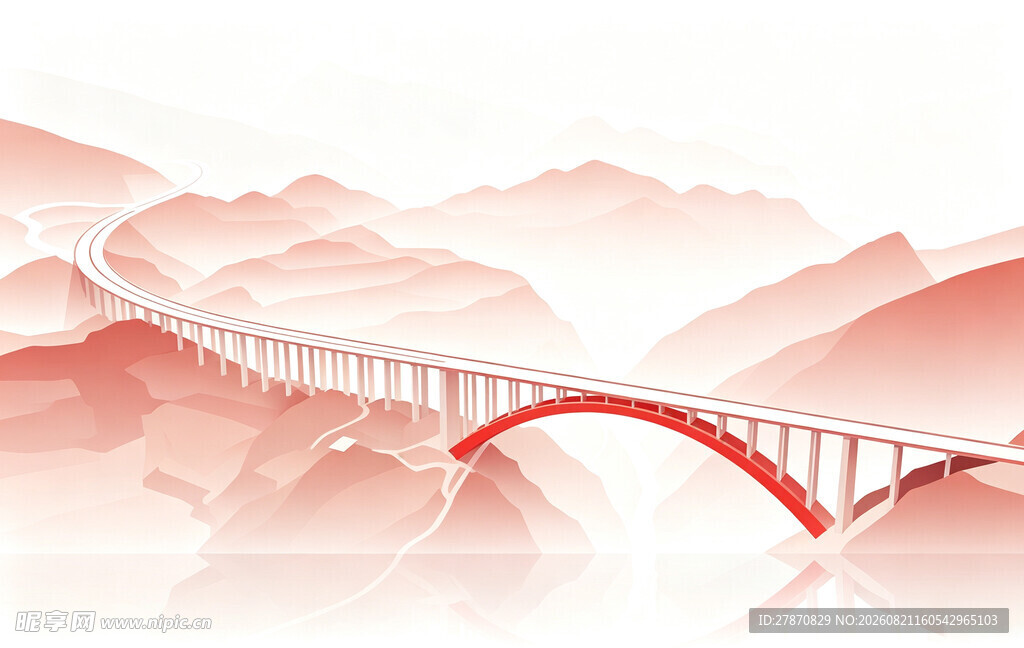 红色拱桥横跨山水间