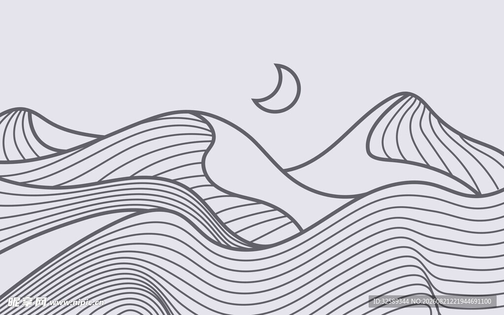 线条勾勒的山川月夜图景