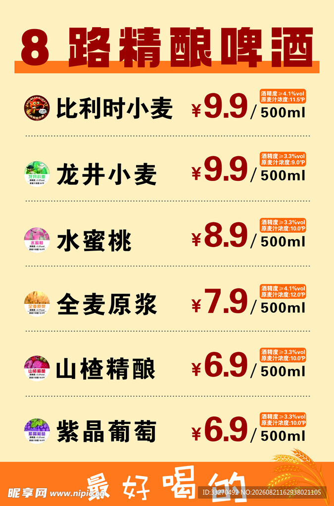啤酒价目表