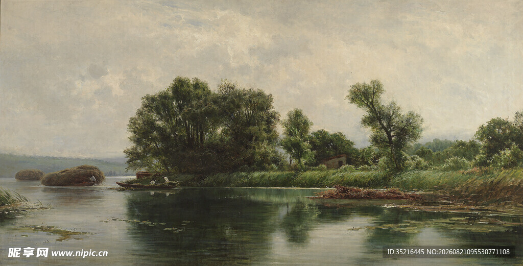 河畔绿树风景油画