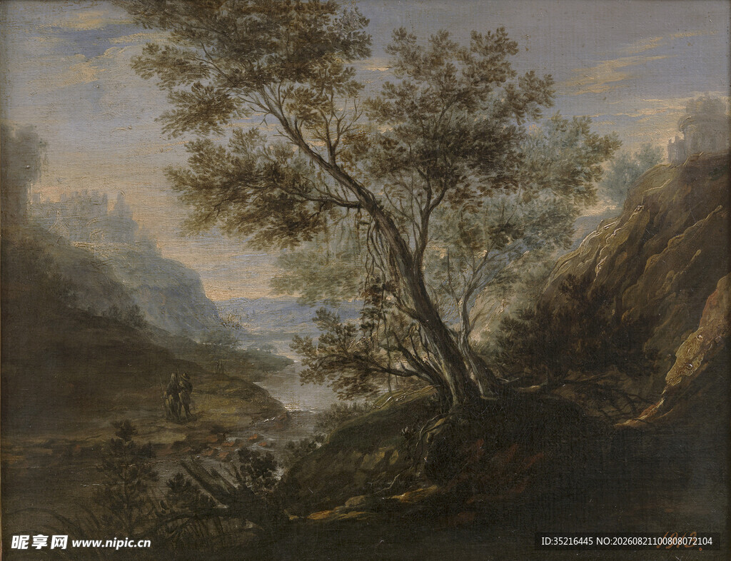 山间孤树风景油画