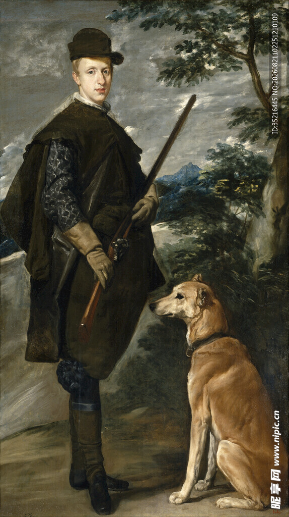持械男子与蹲坐猎犬画像