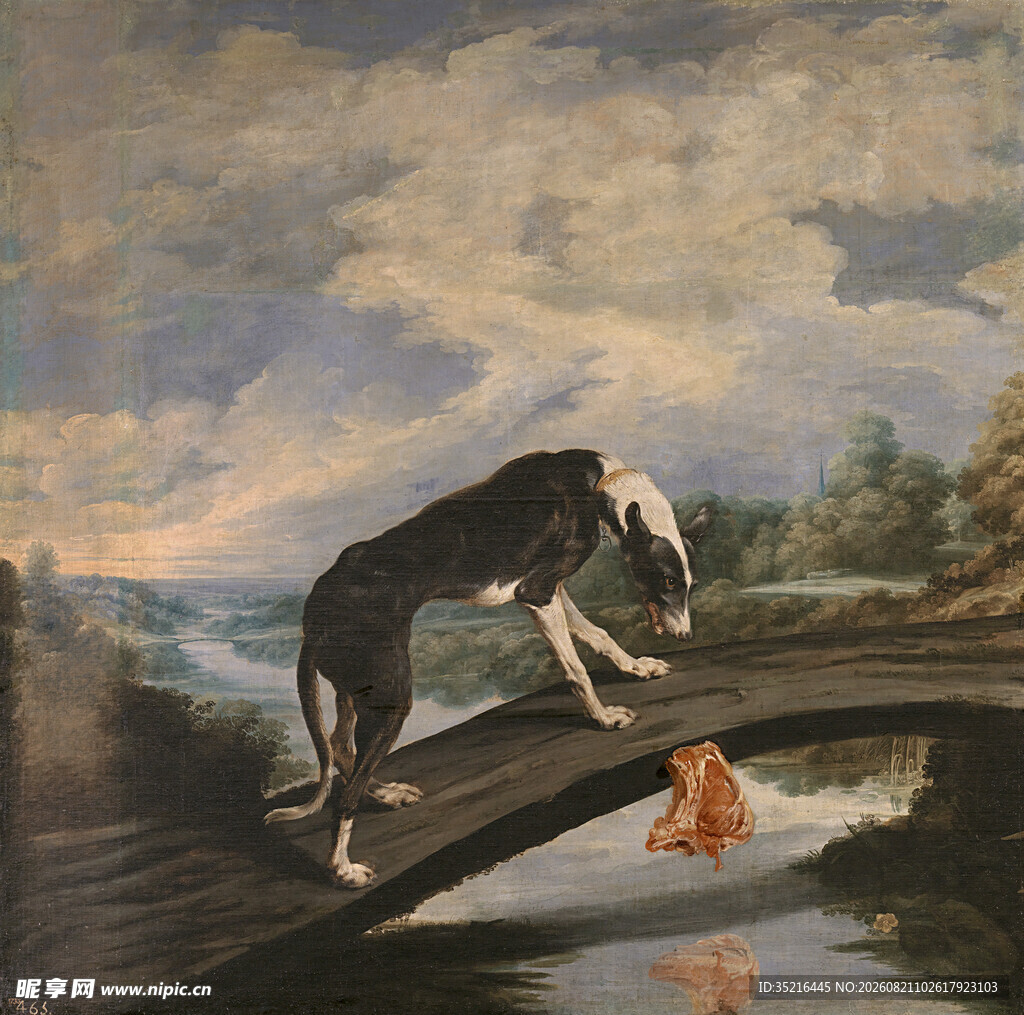 桥上猎犬与水中动物画面