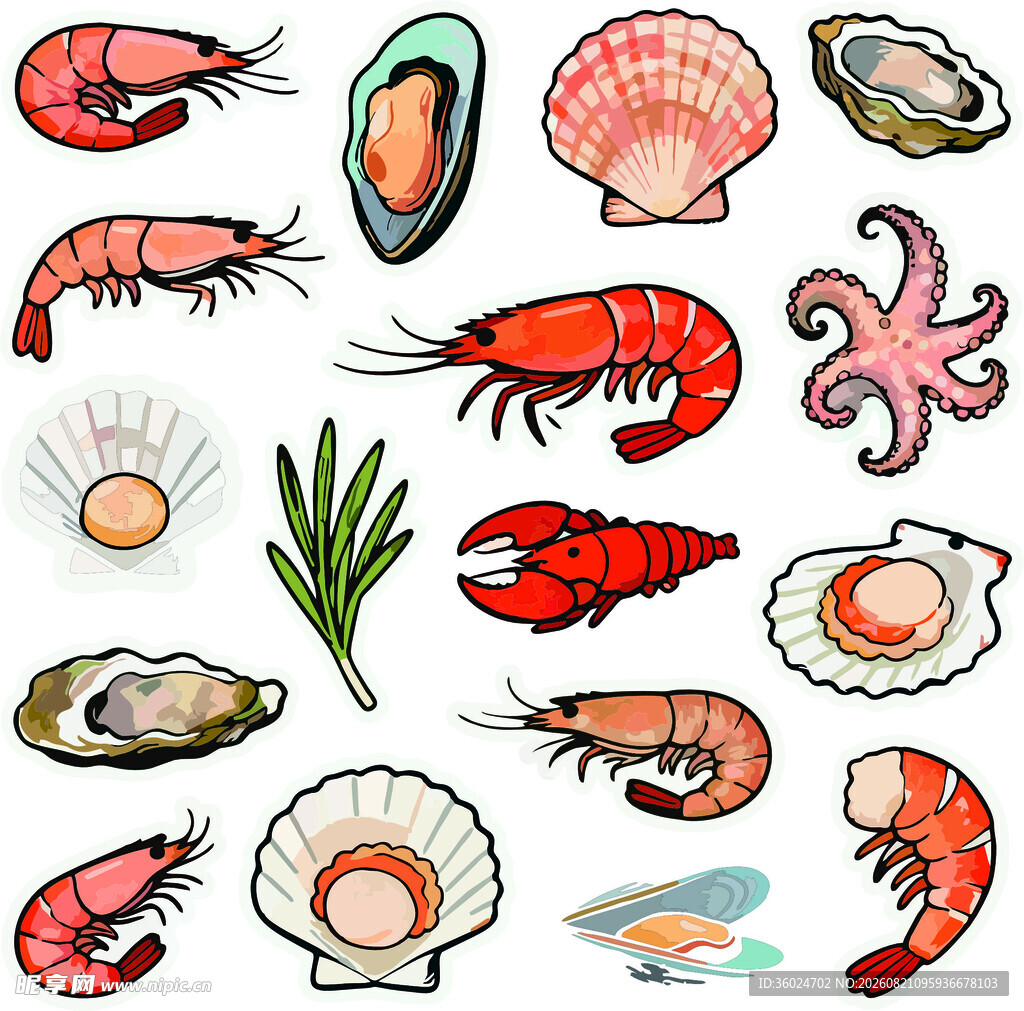 卡通风海鲜虾贝类插画素材