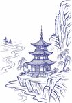 水墨古塔临江图