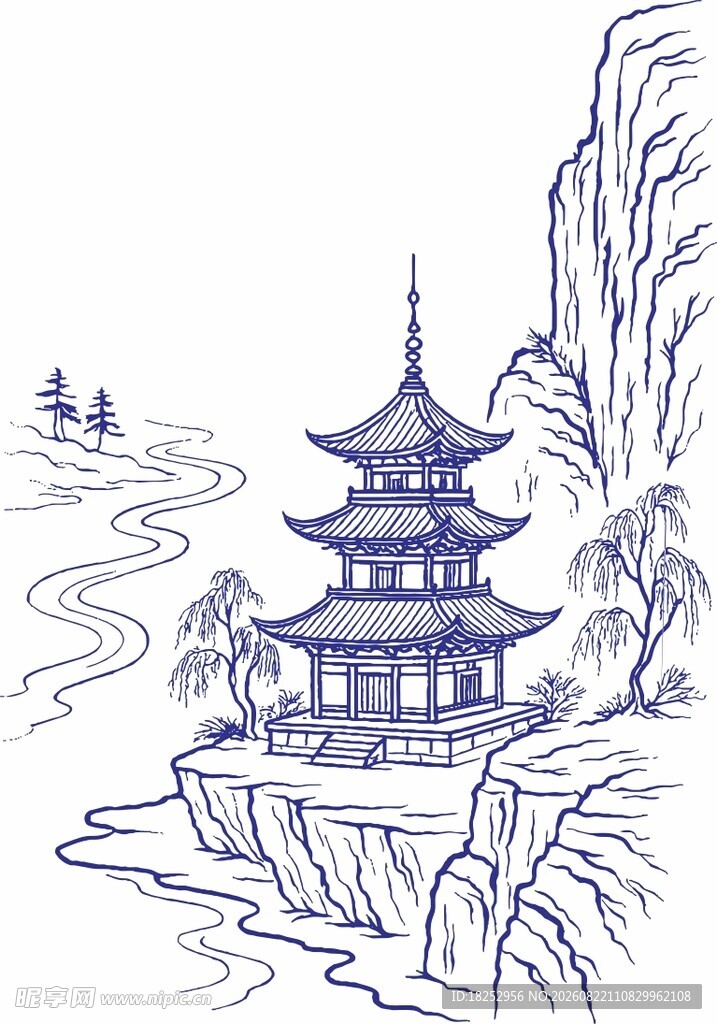水墨古塔临江图