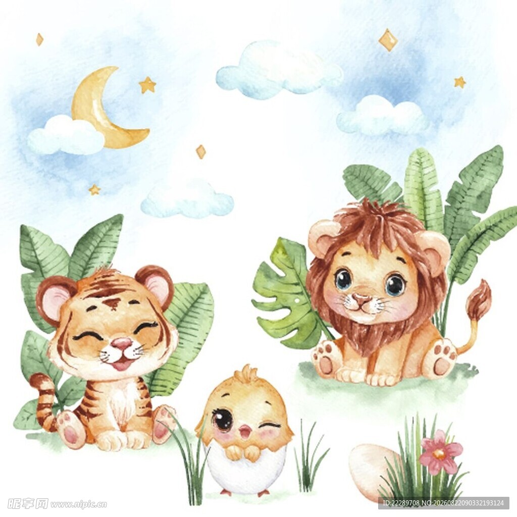 可爱动物的梦幻自然场景