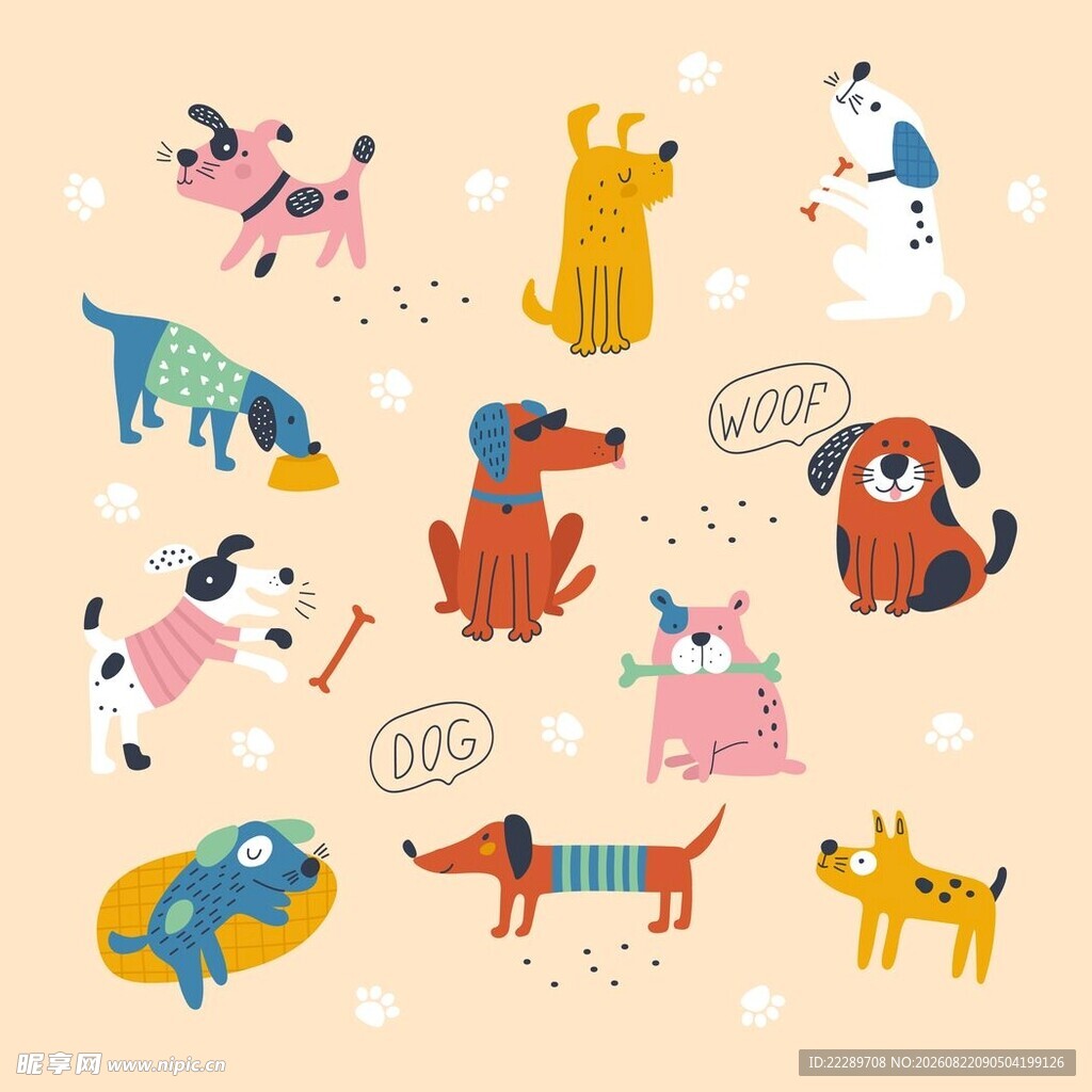 可爱多彩狗狗插画集合