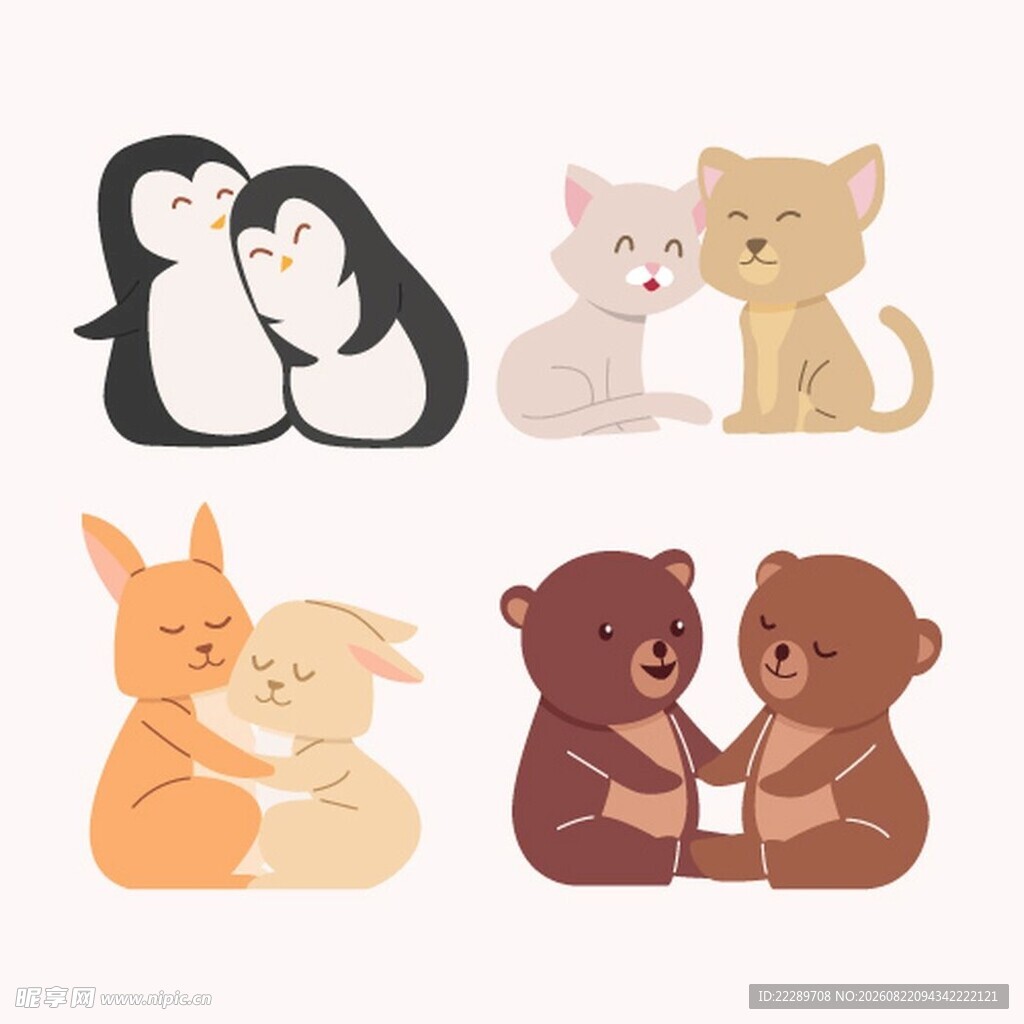 可爱动物亲昵互动插画