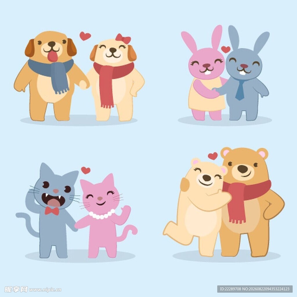 可爱动物情侣形象插画