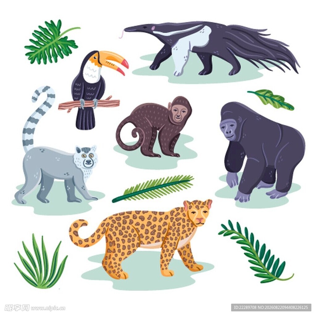 多样野生动物与绿植插画