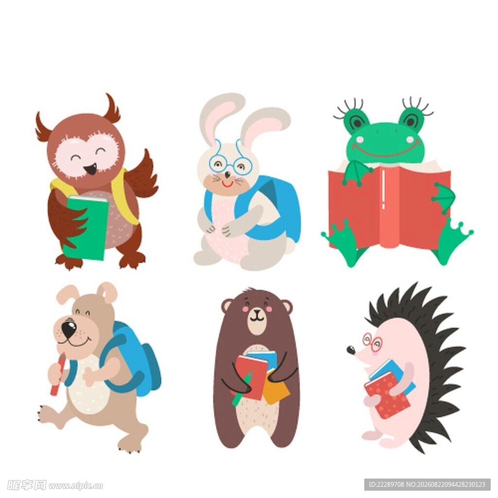 可爱动物读书插画