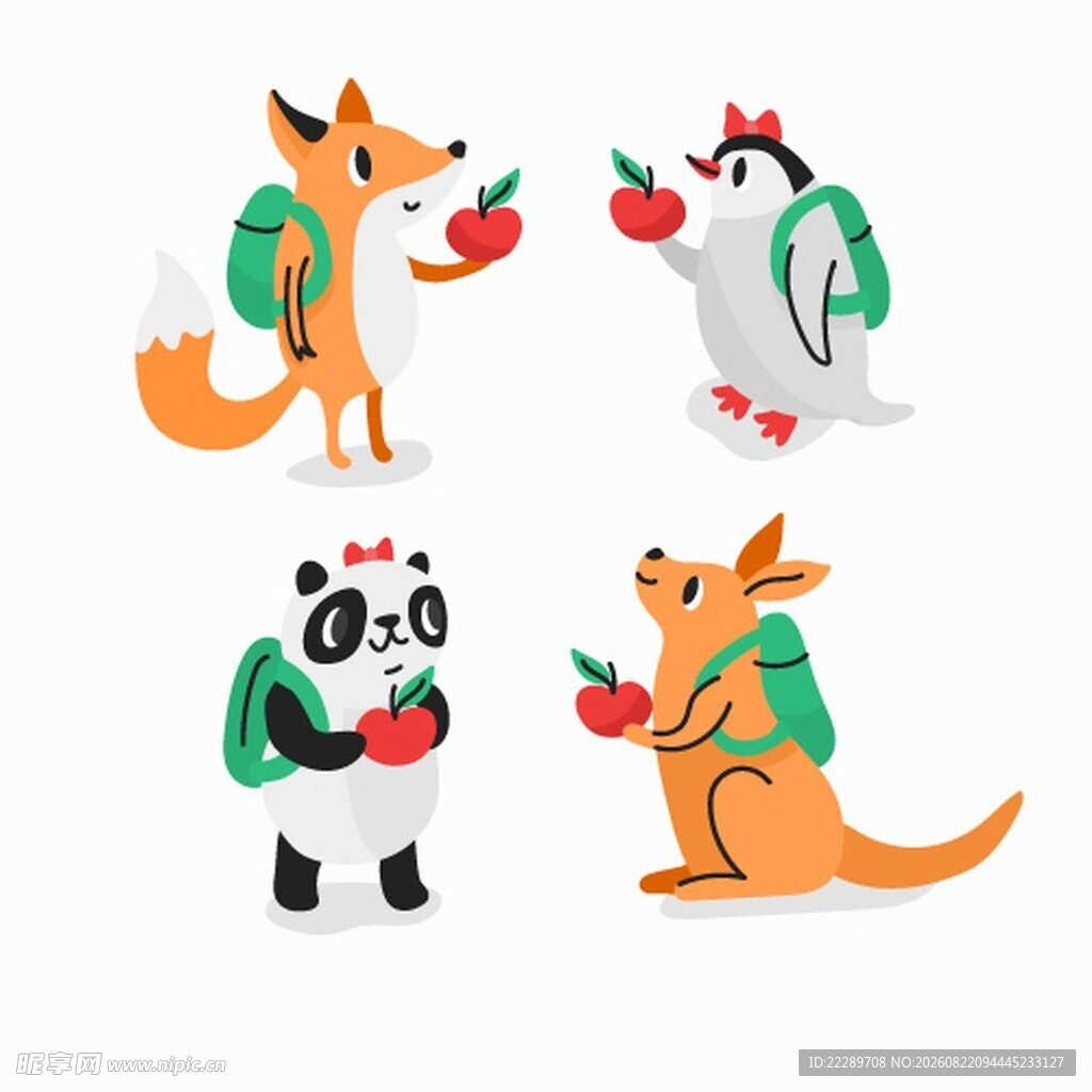 可爱动物手持苹果插画