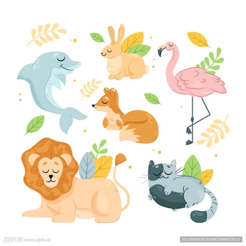 可爱动物与绿植插画集合