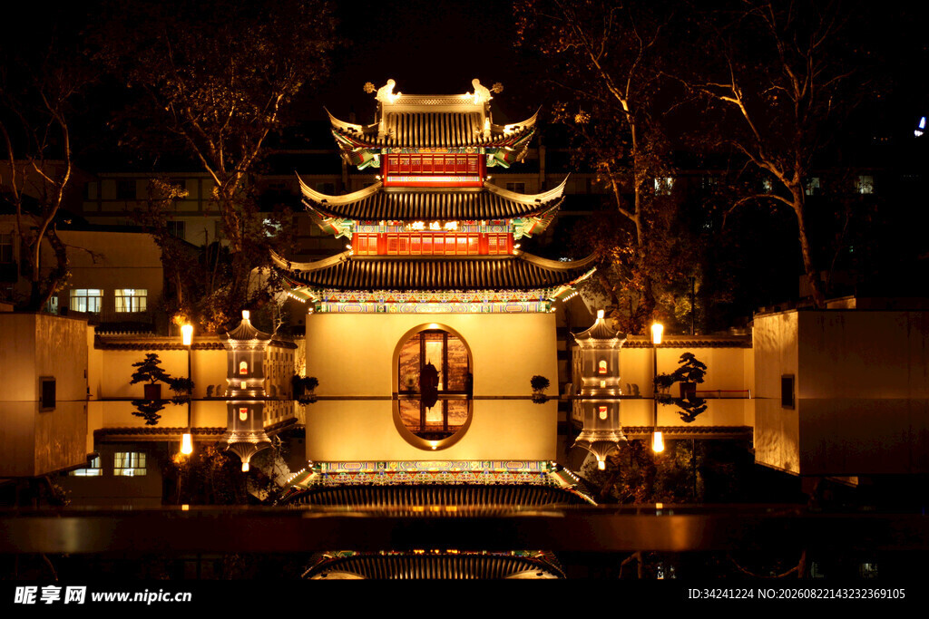 古建夜景中式楼阁灯火辉煌
