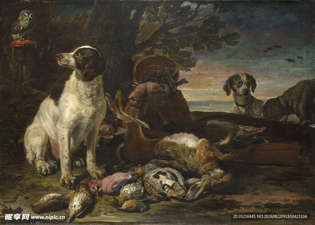 狩猎场景中的猎犬与猎物