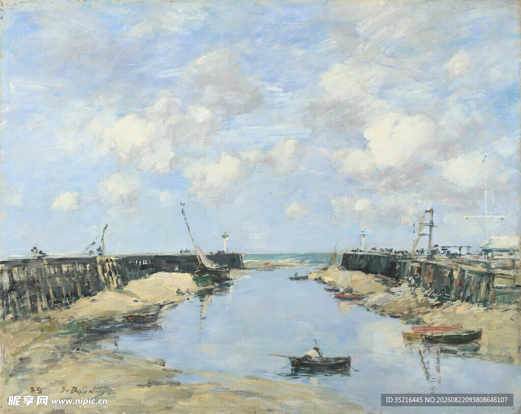 河畔船只风景油画