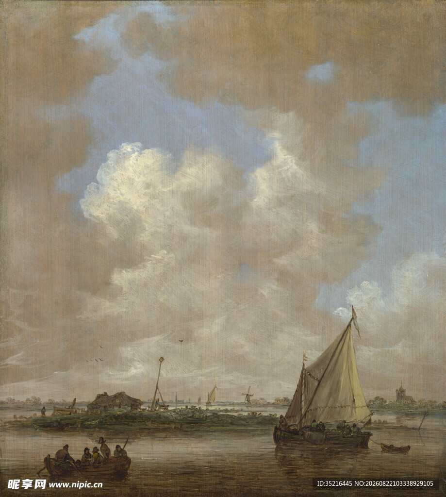 河畔帆船风景油画