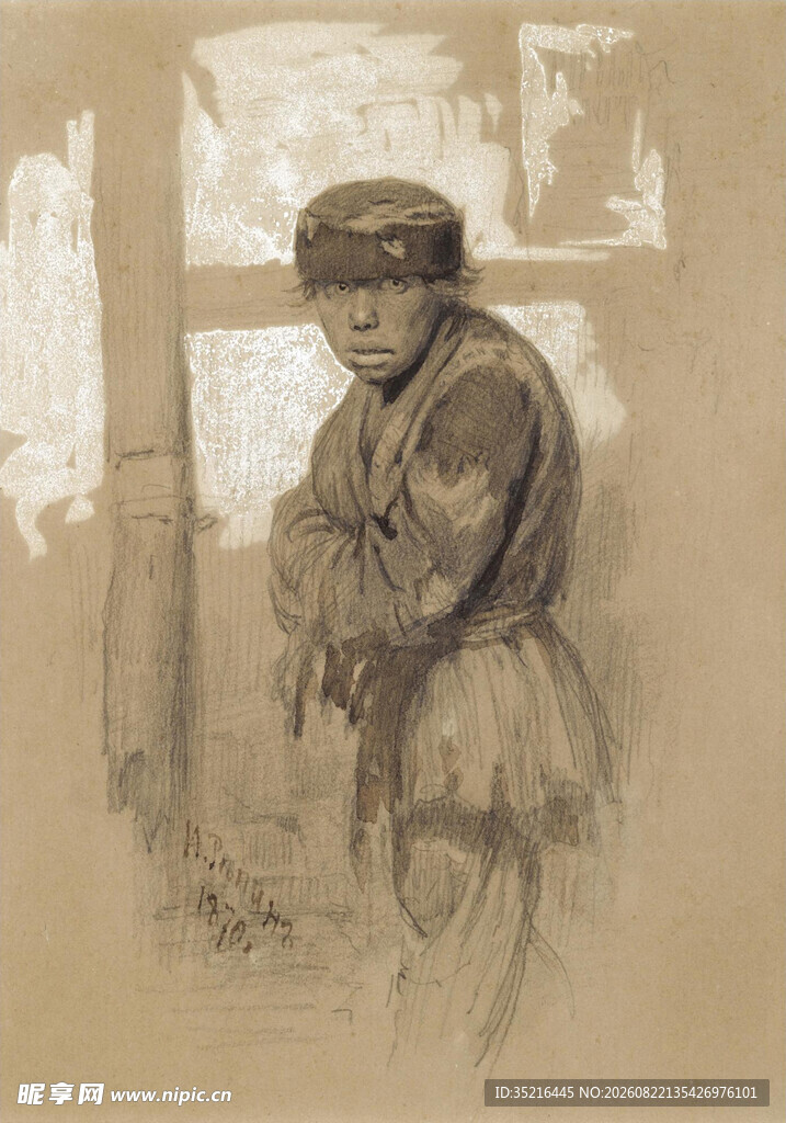 复古装扮人物的素描画像