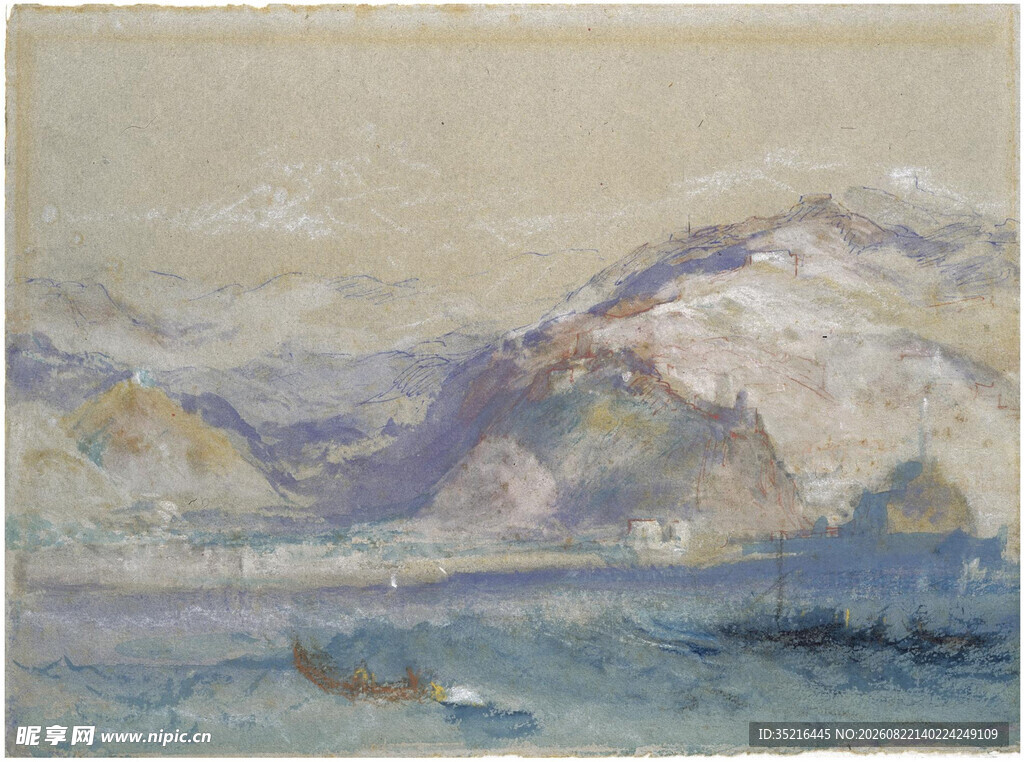 海边山峦风景画作