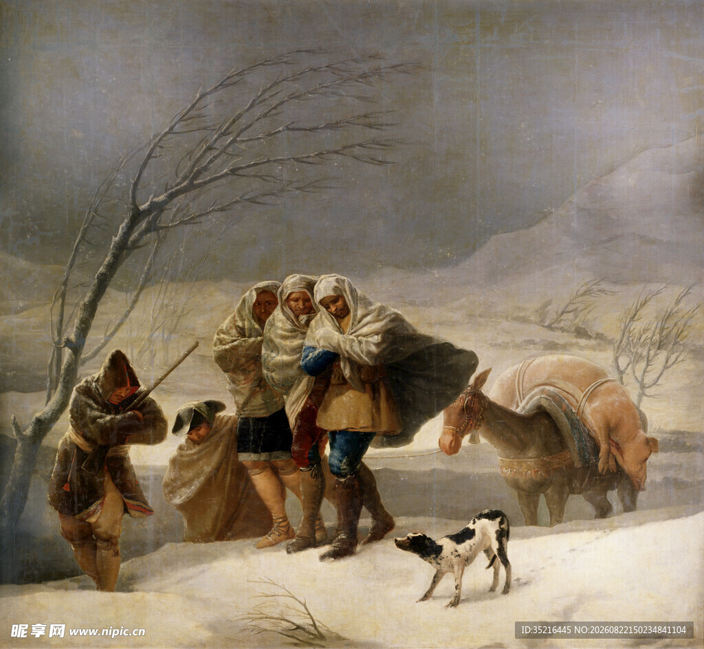 雪地中牧民与马犬的场景