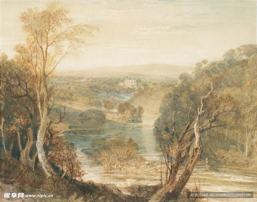 河畔树林风景油画