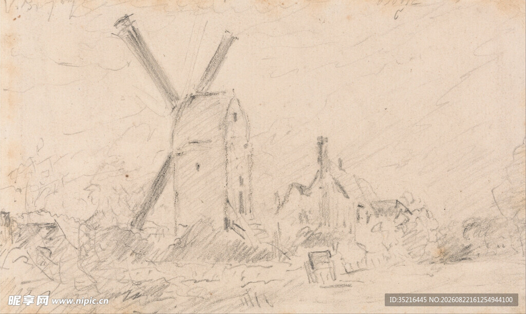 复古风车乡村素描画