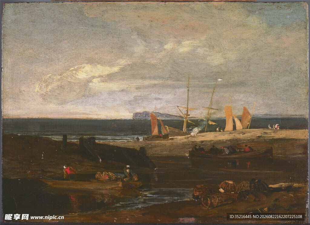 海边港口船只风景油画