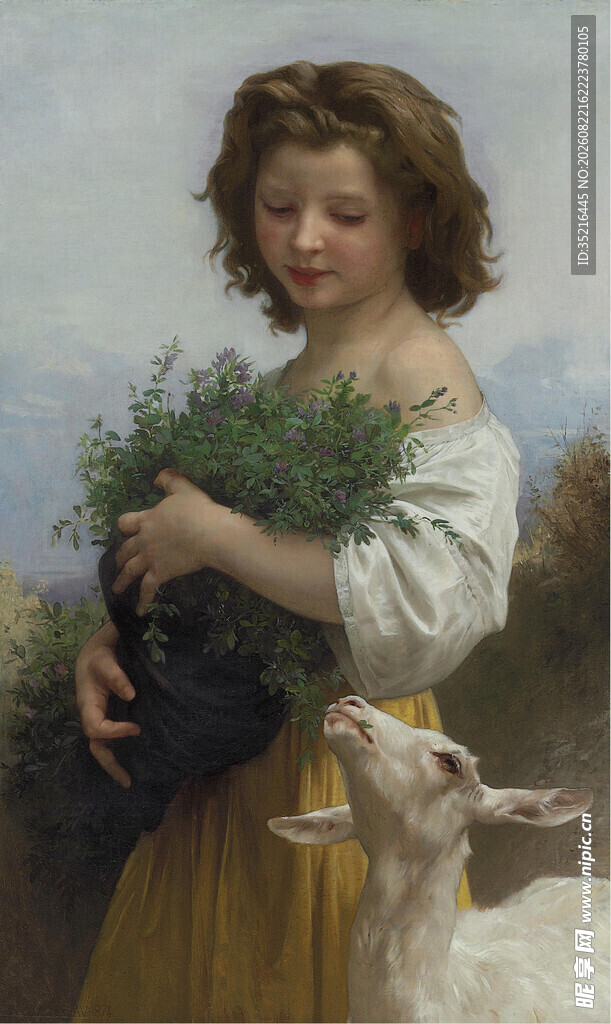 怀抱绿植与山羊的少女