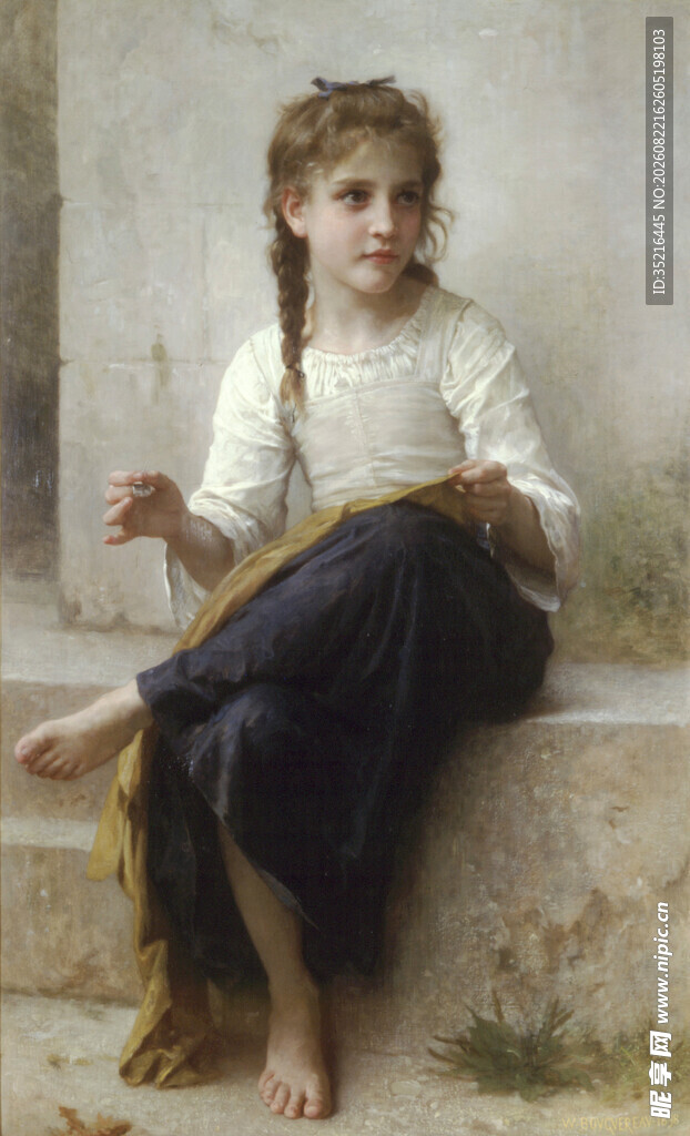 独坐的编发少女