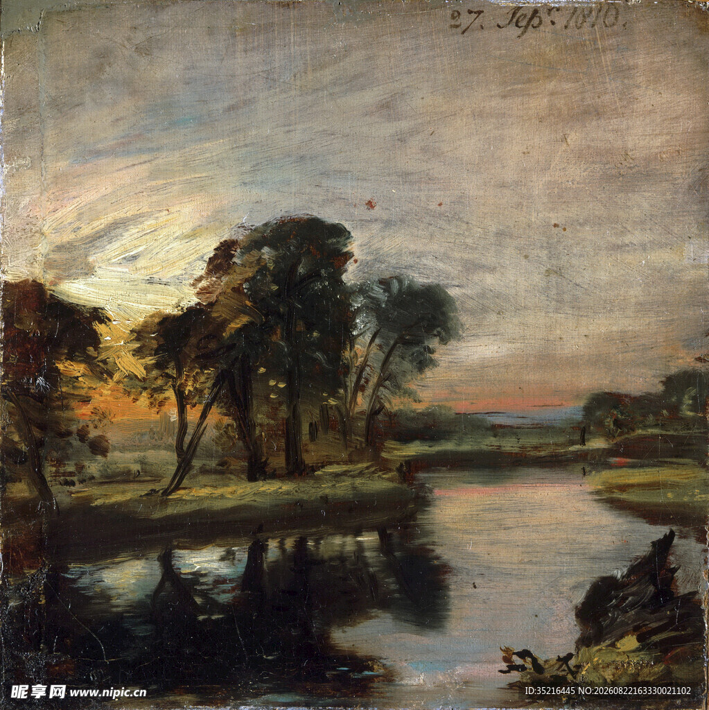 河畔黄昏风景油画