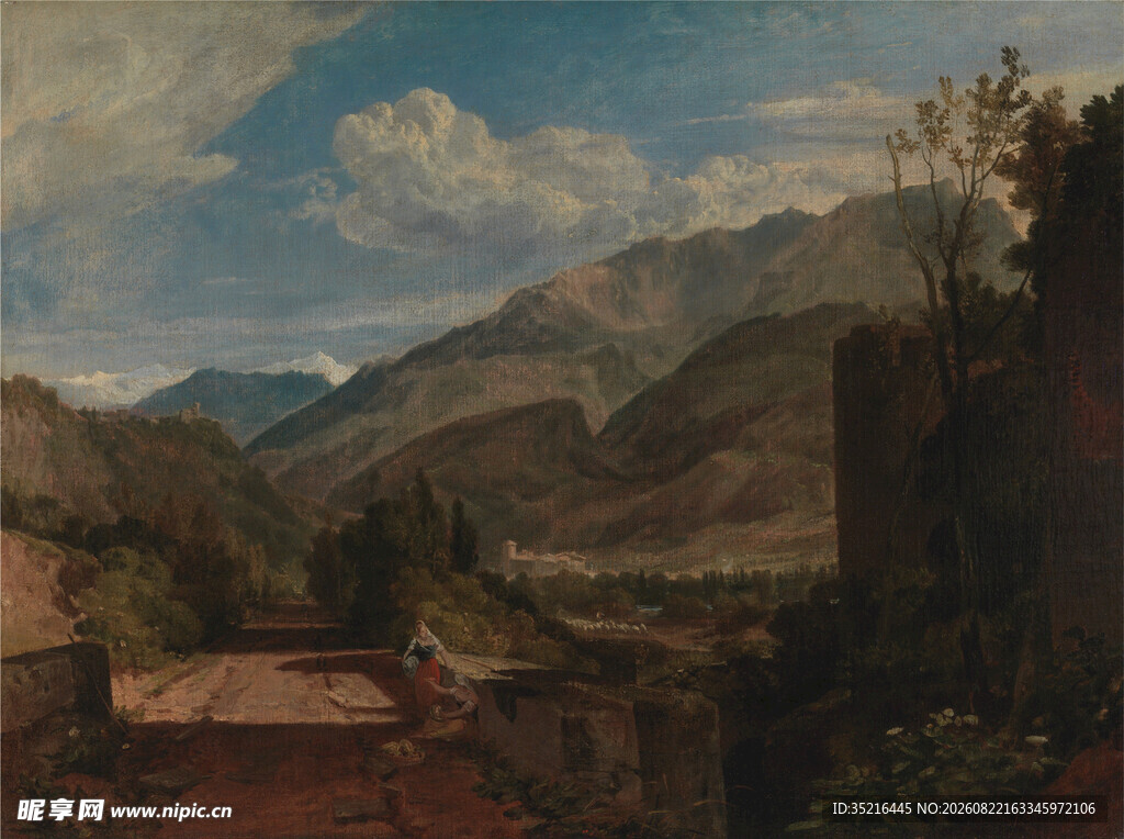 山间村落风景油画