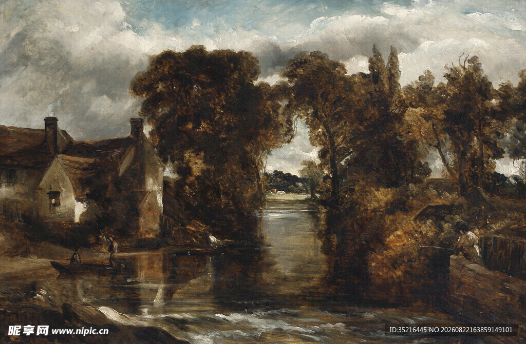乡村河畔风景油画