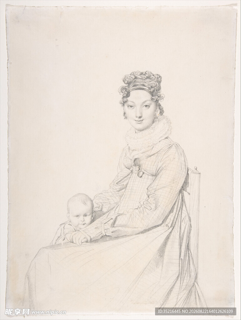 古典女性抱婴素描画像