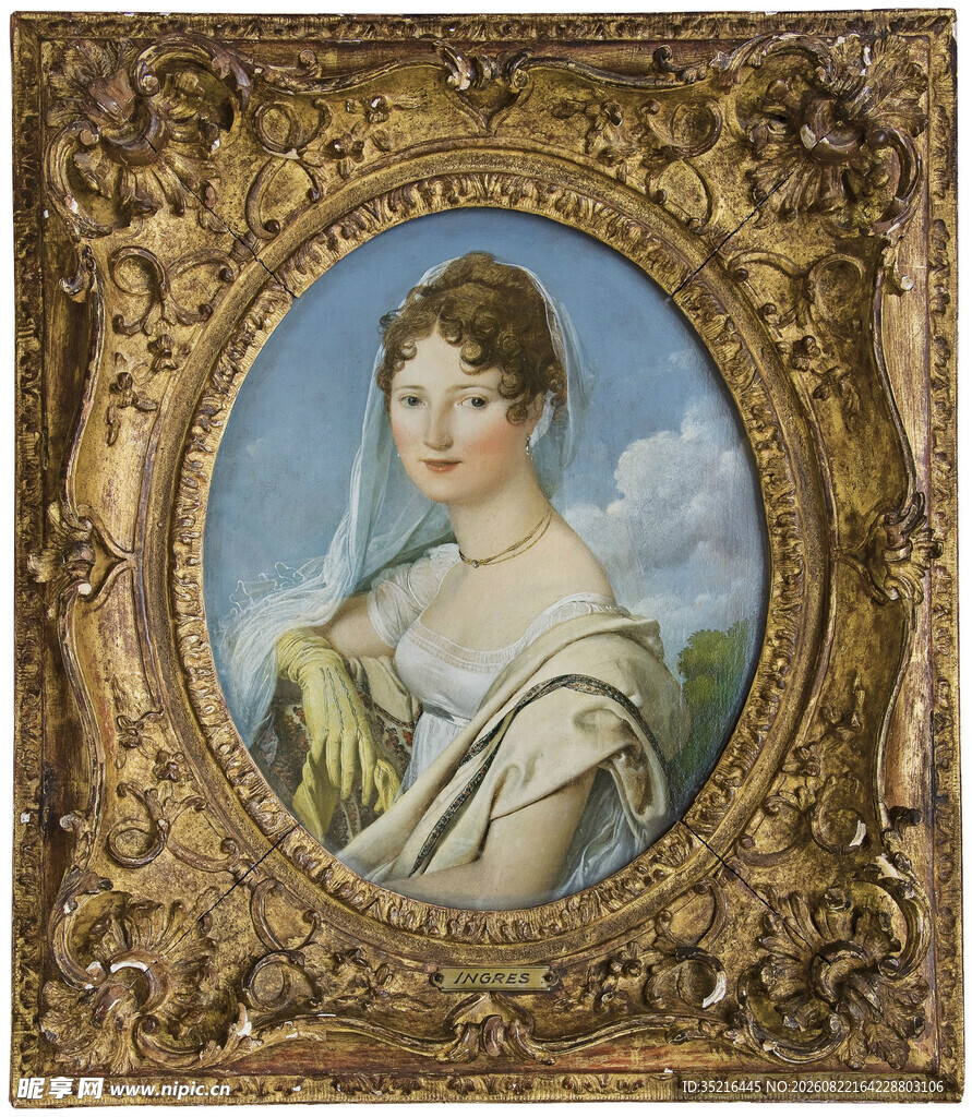 古典金色边框的女士肖像画