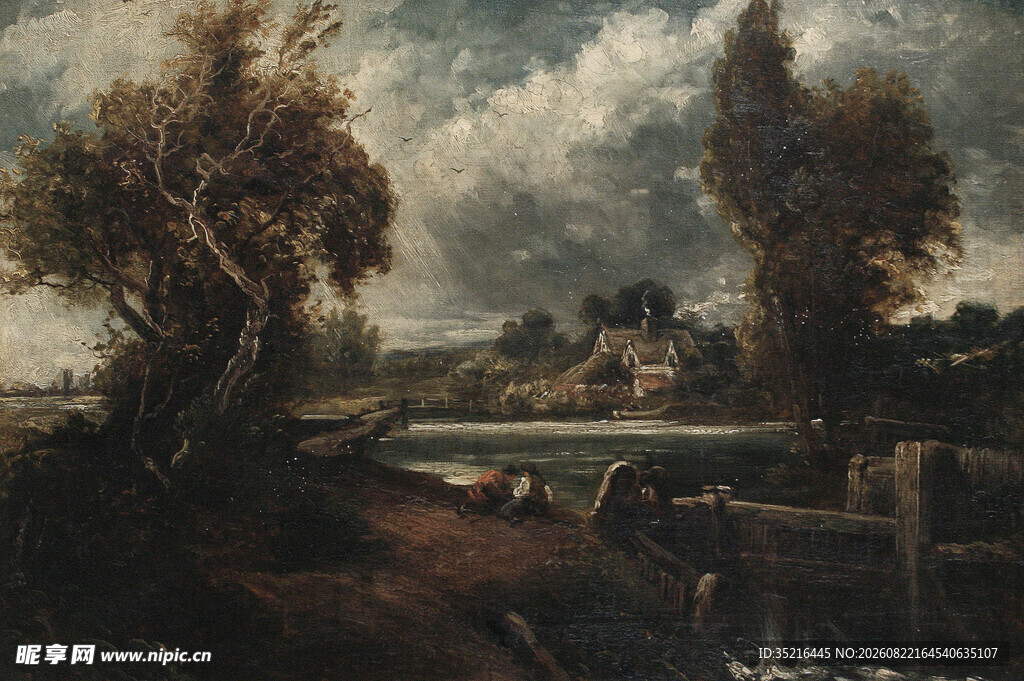乡村河畔风景油画