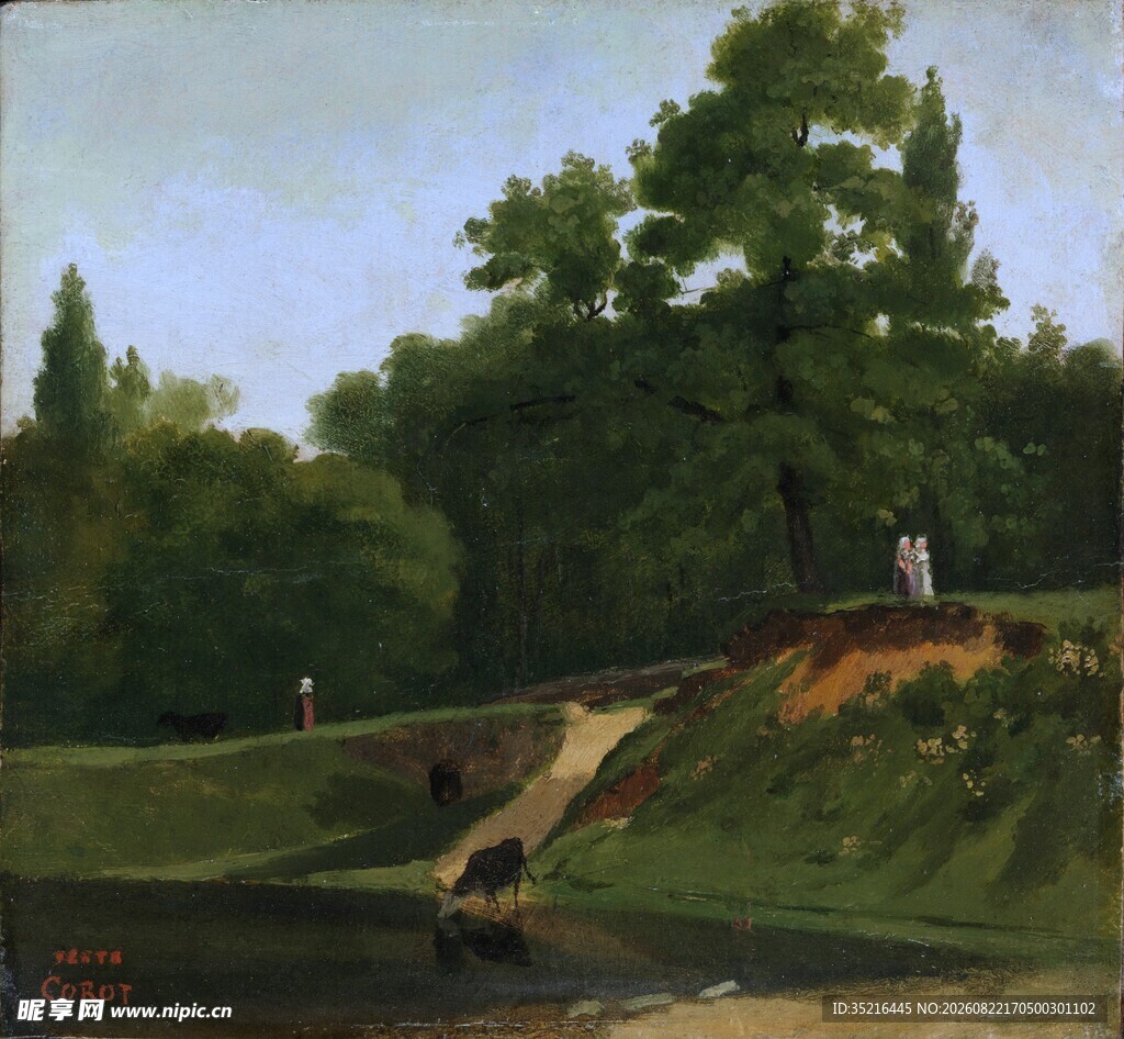 乡村河畔风景油画