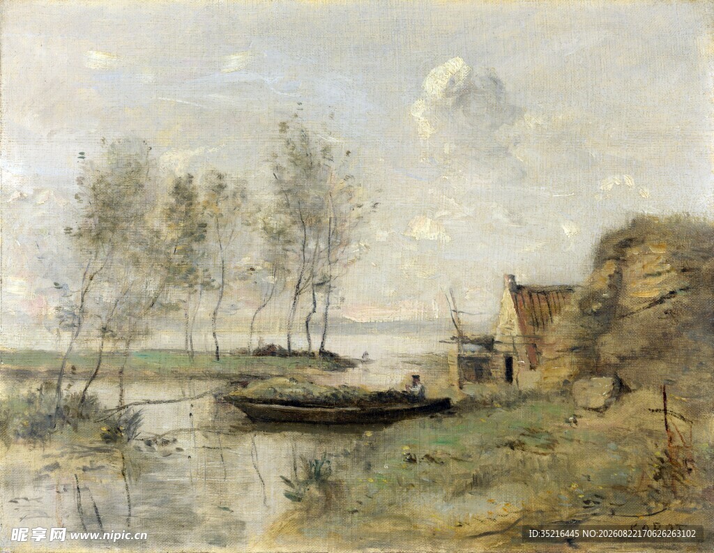 河畔风景油画
