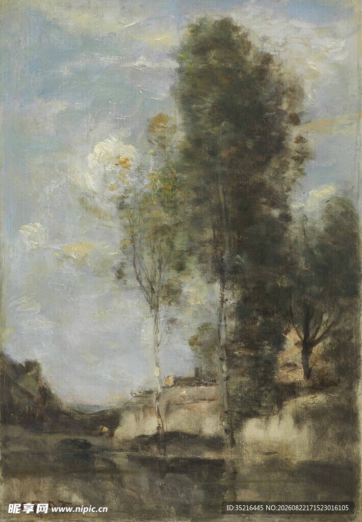 乡村河畔风景油画