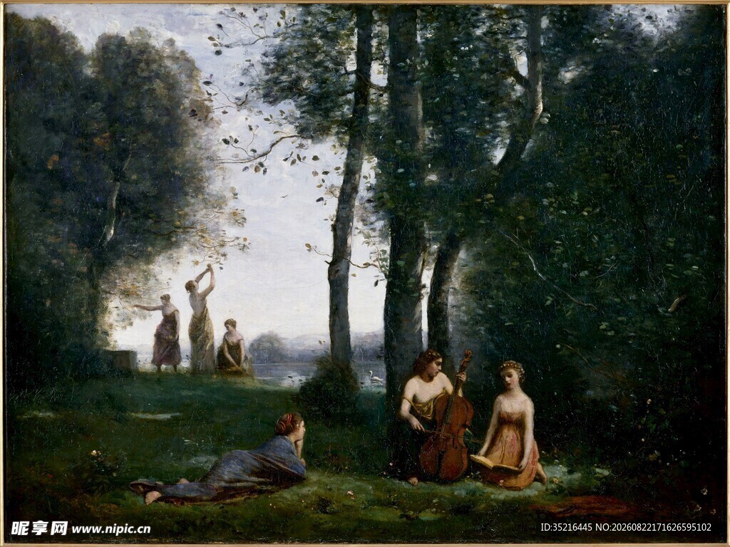 林中人物风景油画场景