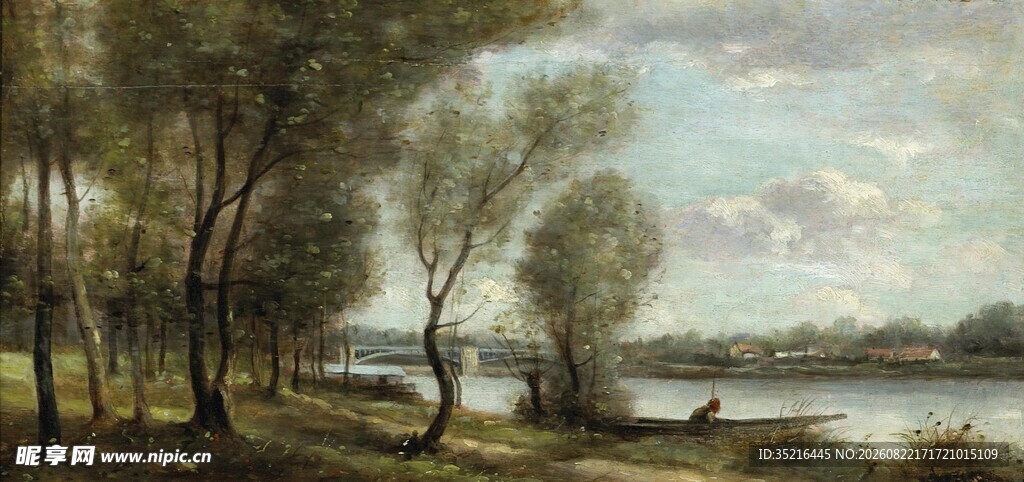 河畔树林风景油画