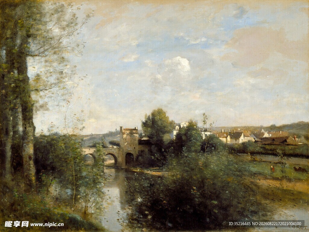 河畔乡村风景油画