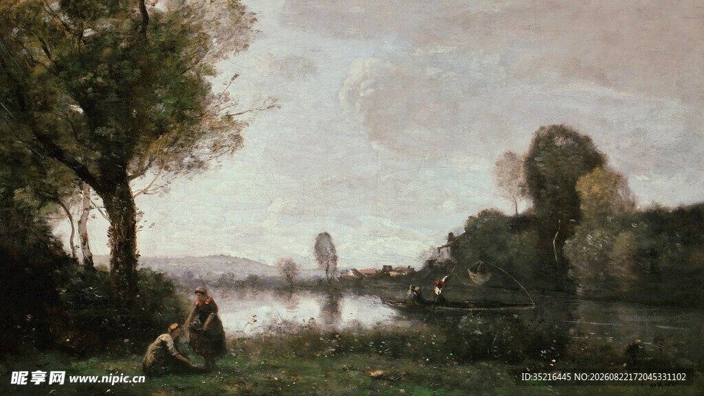 河畔风景油画